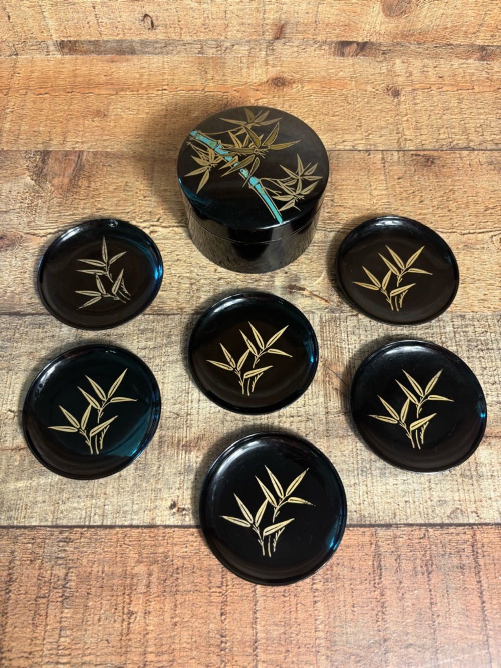 Japanese Lacquered Bamboo (6) Black Coasters Round Box Gold Bamboo Design